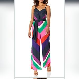 Trina Turk Colorful Color Block Boho Preppy Beachy Tie Waist Jumpsuit XS